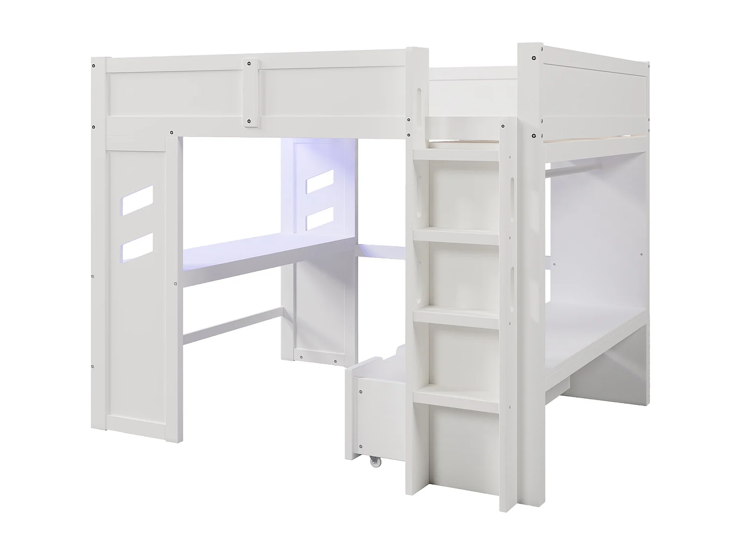 Letto a soppalco 140 x 200 cm con scrivania, 2 cassetti e stendibiancheria - Letto per bambini con LED, USB e Type-C - Bianco