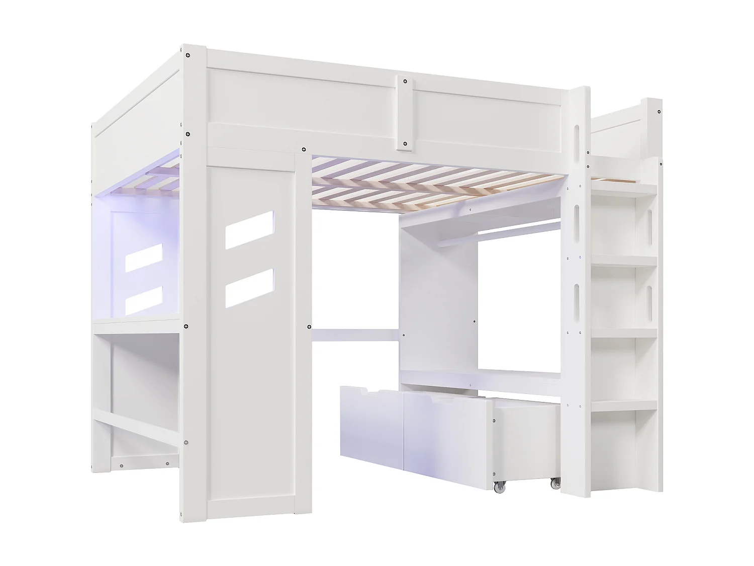 Letto a soppalco 140 x 200 cm con scrivania, 2 cassetti e stendibiancheria - Letto per bambini con LED, USB e Type-C - Bianco