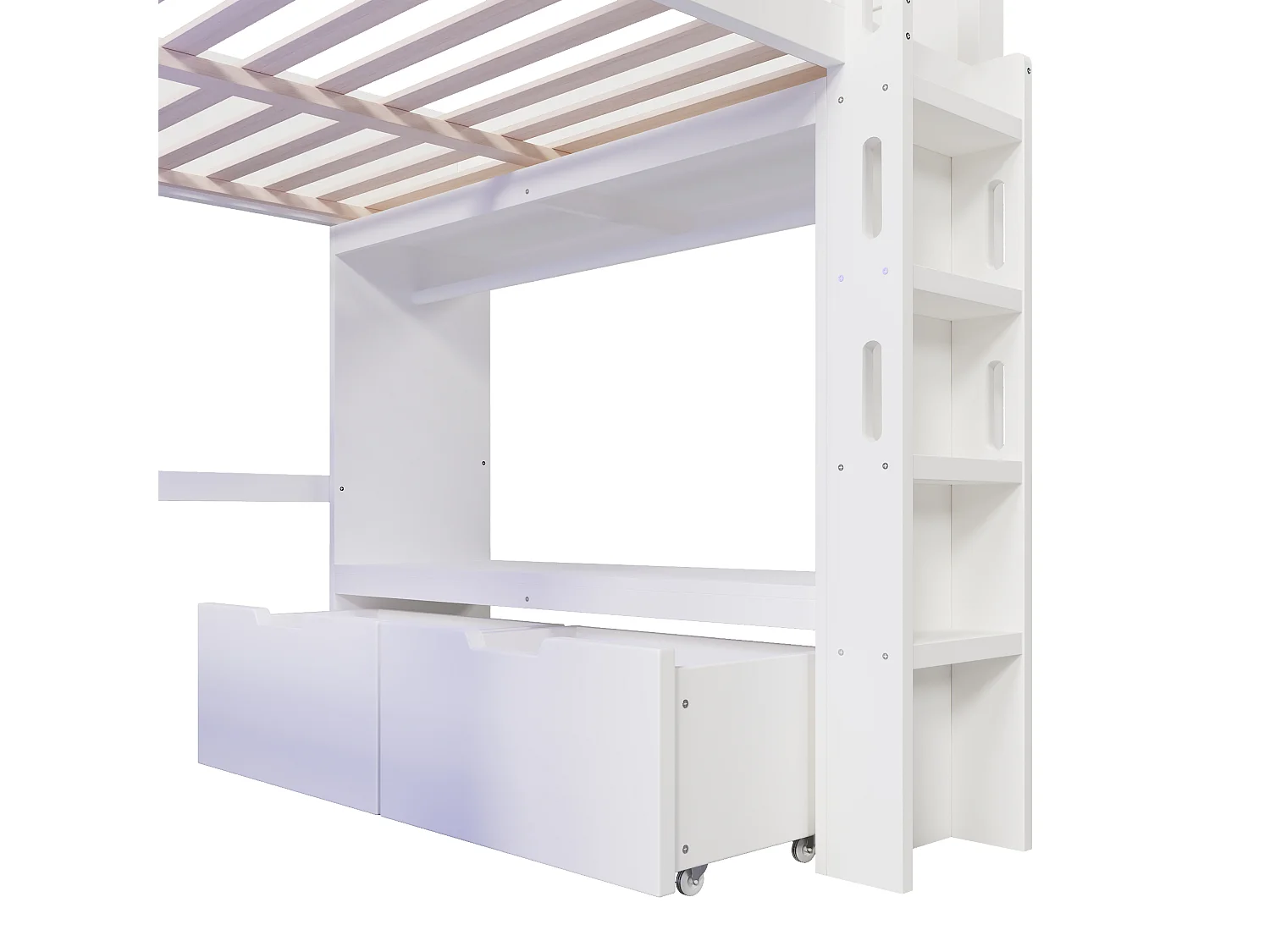 Letto a soppalco 140 x 200 cm con scrivania, 2 cassetti e stendibiancheria - Letto per bambini con LED, USB e Type-C - Bianco