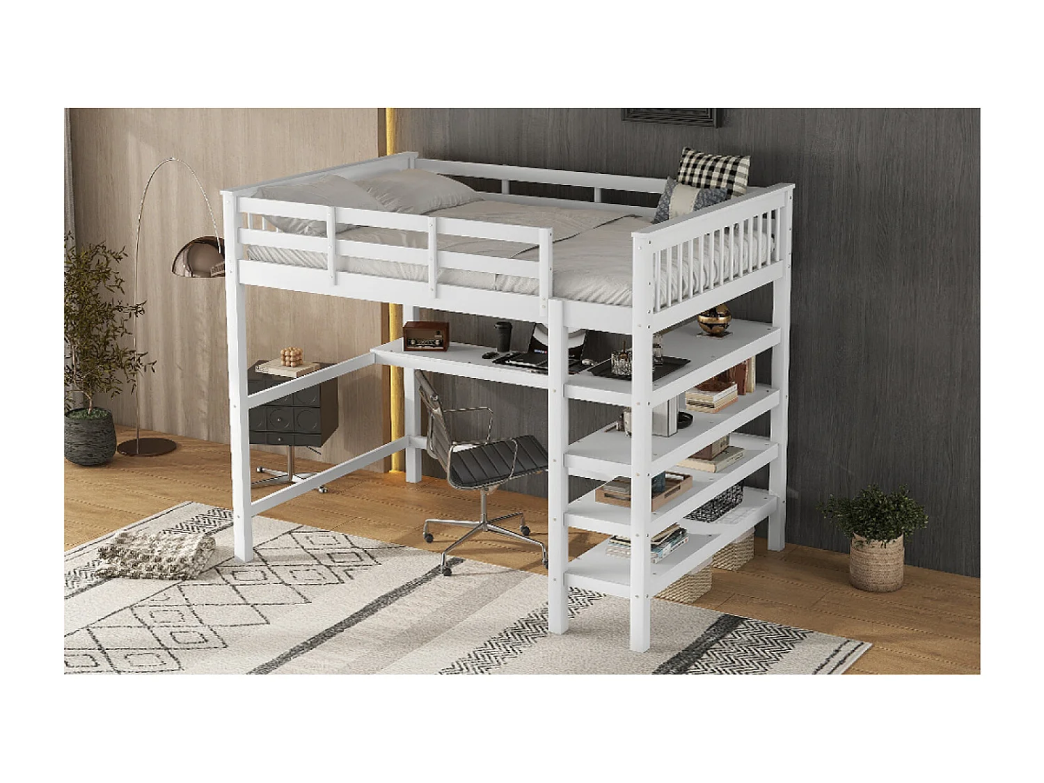 Cama alta infantil 140 x 200 cm con almacenaje y escritorio - Madera de pino y MDF - Blanco