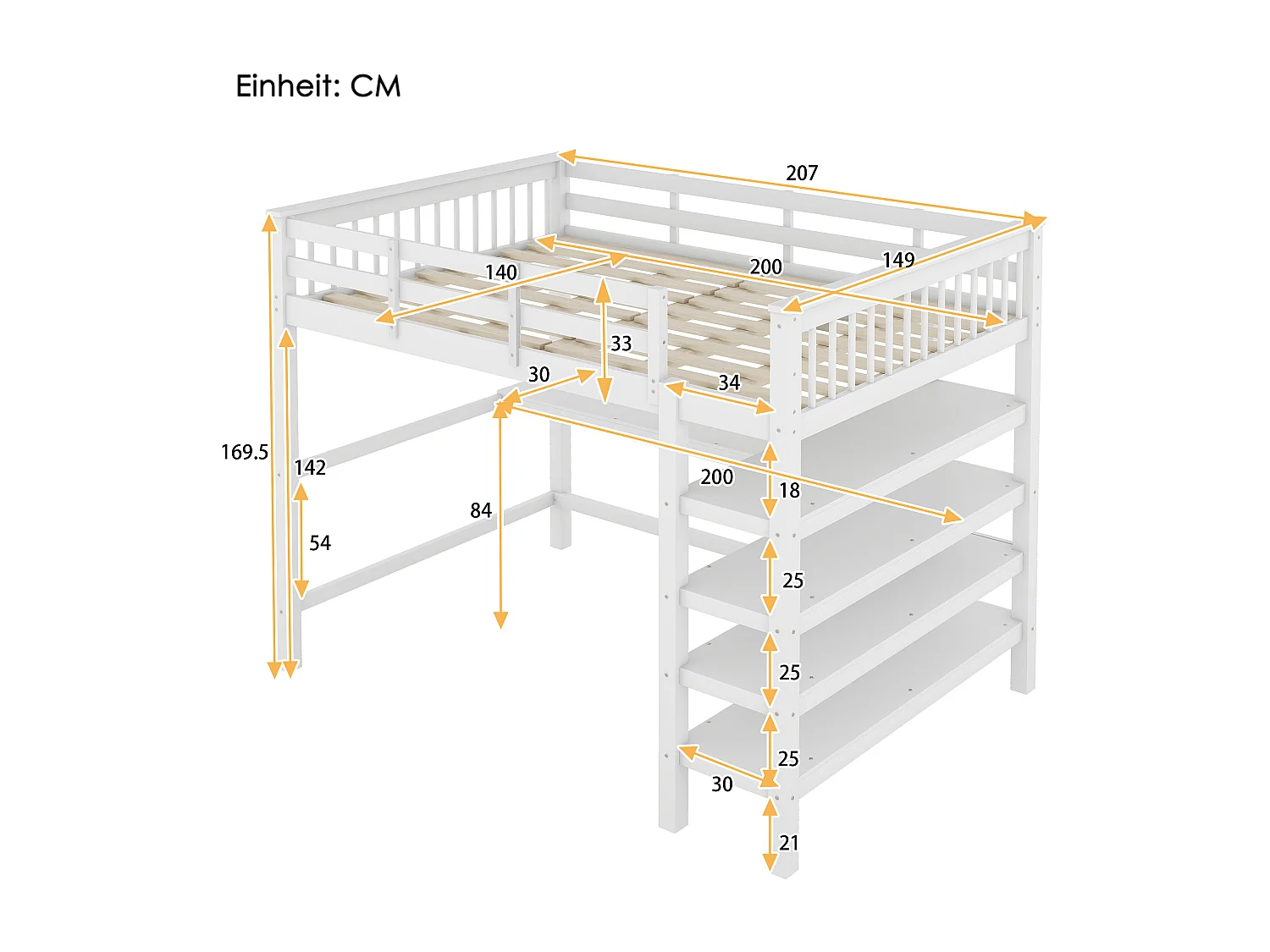 Cama alta infantil 140 x 200 cm con almacenaje y escritorio - Madera de pino y MDF - Blanco