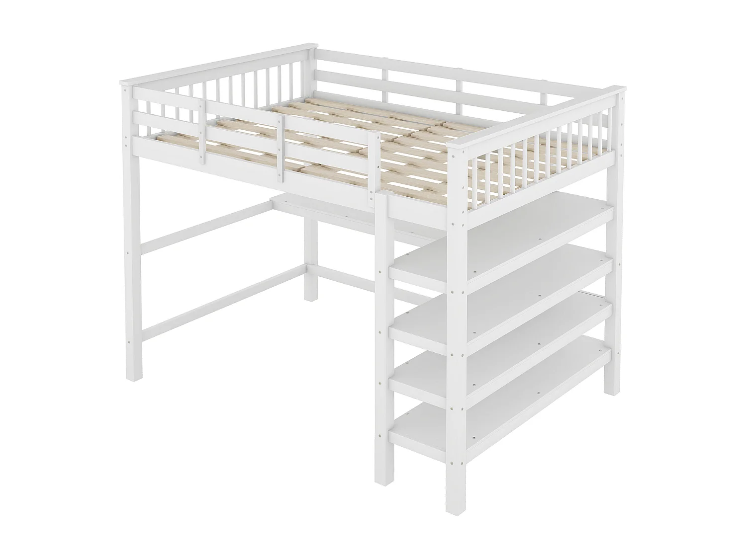 Cama alta infantil 140 x 200 cm con almacenaje y escritorio - Madera de pino y MDF - Blanco