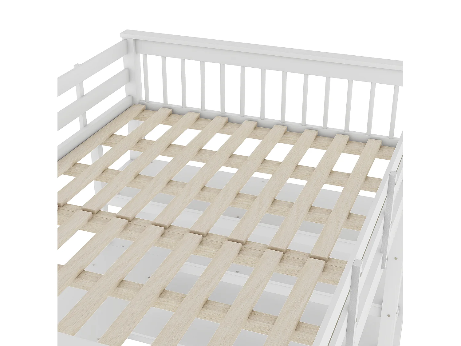 Cama alta infantil 140 x 200 cm con almacenaje y escritorio - Madera de pino y MDF - Blanco