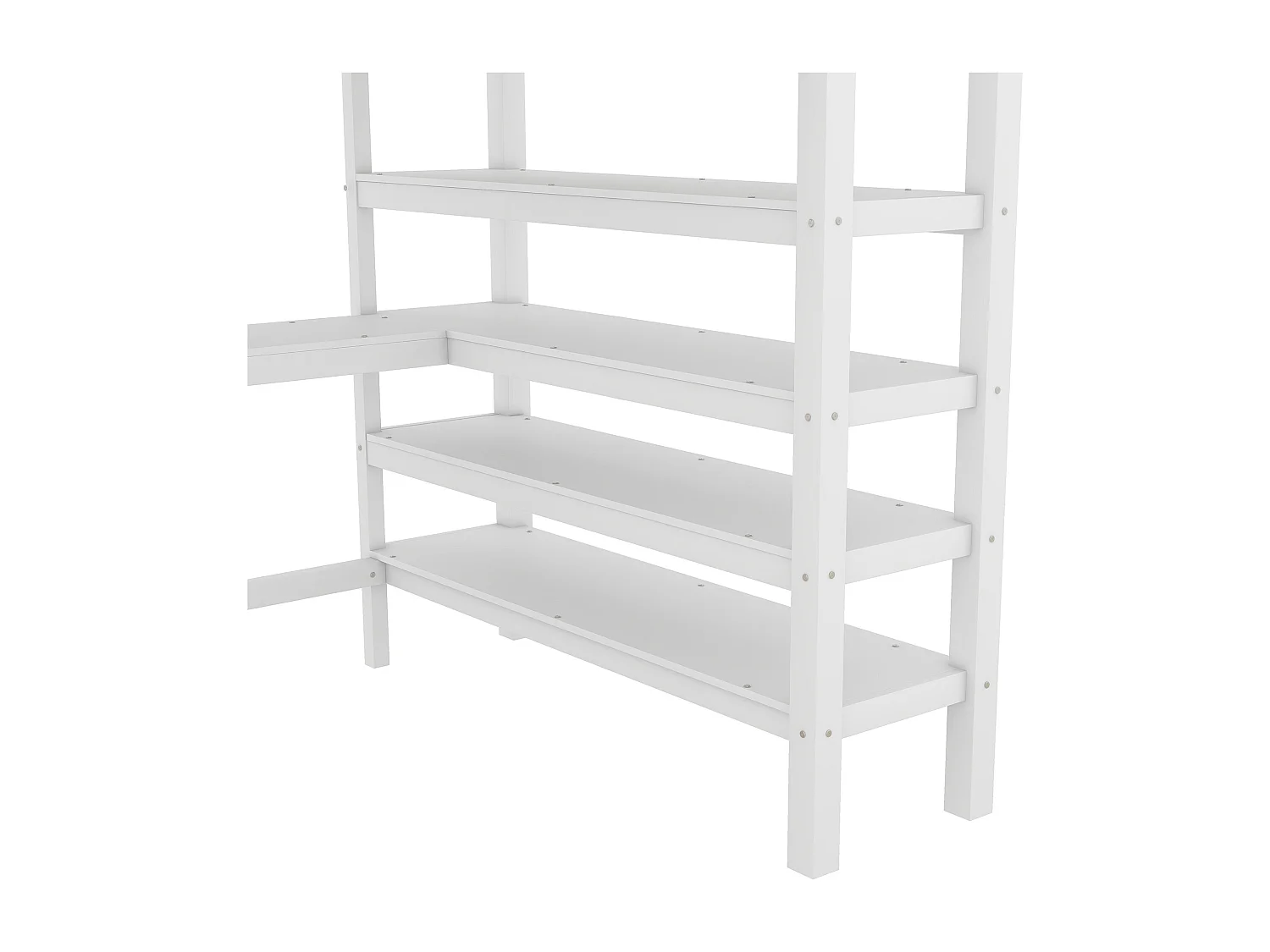 Cama alta infantil 140 x 200 cm con almacenaje y escritorio - Madera de pino y MDF - Blanco