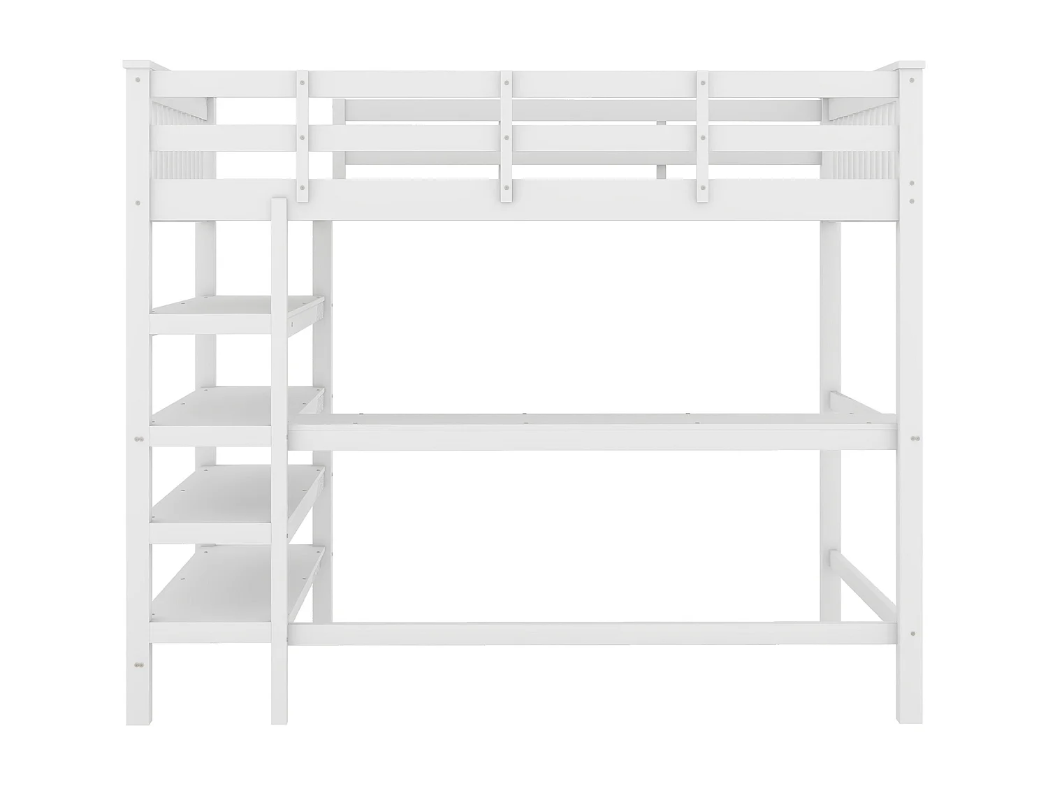 Cama alta infantil 140 x 200 cm con almacenaje y escritorio - Madera de pino y MDF - Blanco