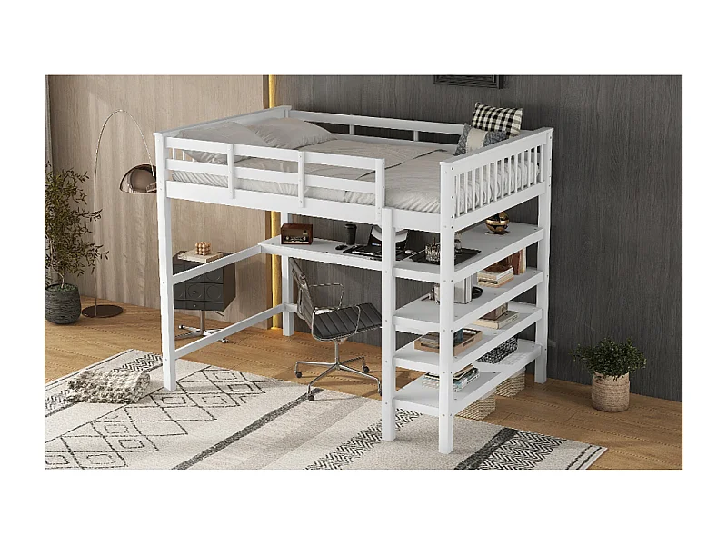 Cama alta infantil 140 x 200 cm con almacenaje y escritorio - Madera de pino y MDF - Blanco