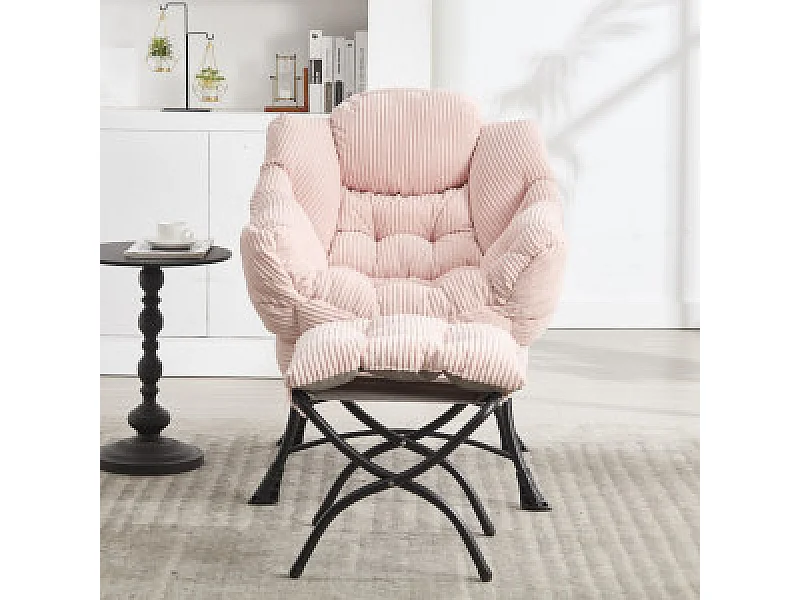 Fauteuil avec repose-pied - Structure en acier - Tissu rose