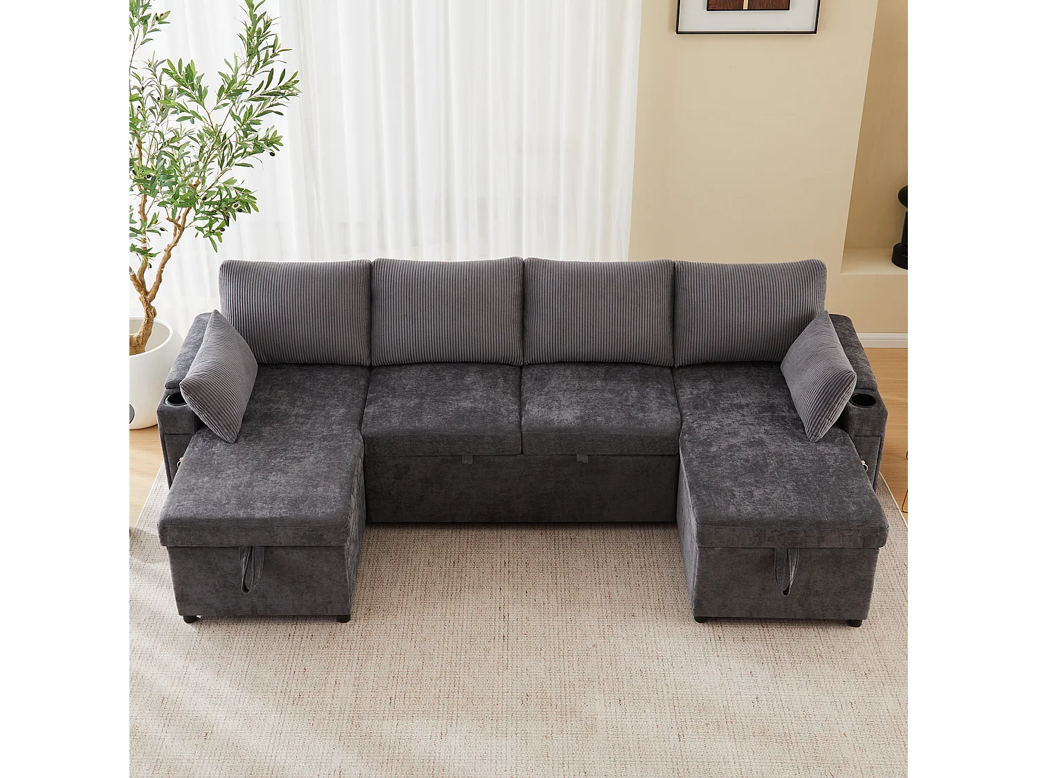 Canapé convertible 4 places en forme de U - Canapé d'angle avec rangement - Chenille et Velours côtelé - Gris