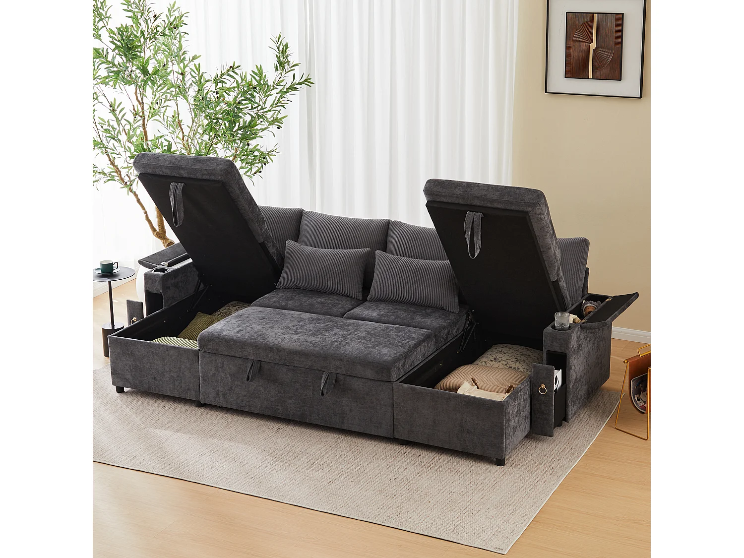 Canapé convertible 4 places en forme de U - Canapé d'angle avec rangement - Chenille et Velours côtelé - Gris