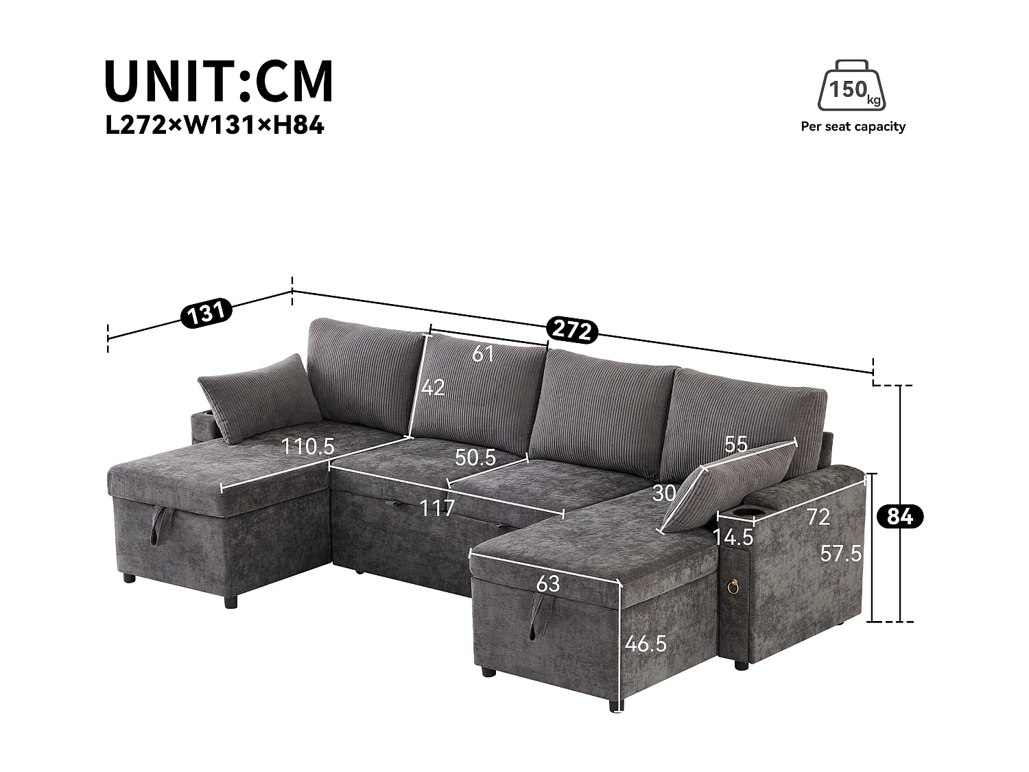 Canapé convertible 4 places en forme de U - Canapé d'angle avec rangement - Chenille et Velours côtelé - Gris