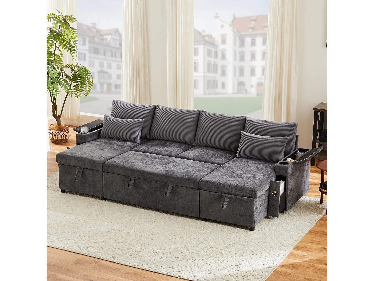 Canapé convertible 4 places en forme de U - Canapé d'angle avec rangement - Chenille et Velours côtelé - Gris