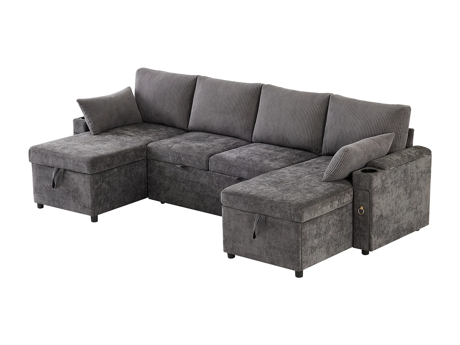 Canapé convertible 4 places en forme de U - Canapé d'angle avec rangement - Chenille et Velours côtelé - Gris