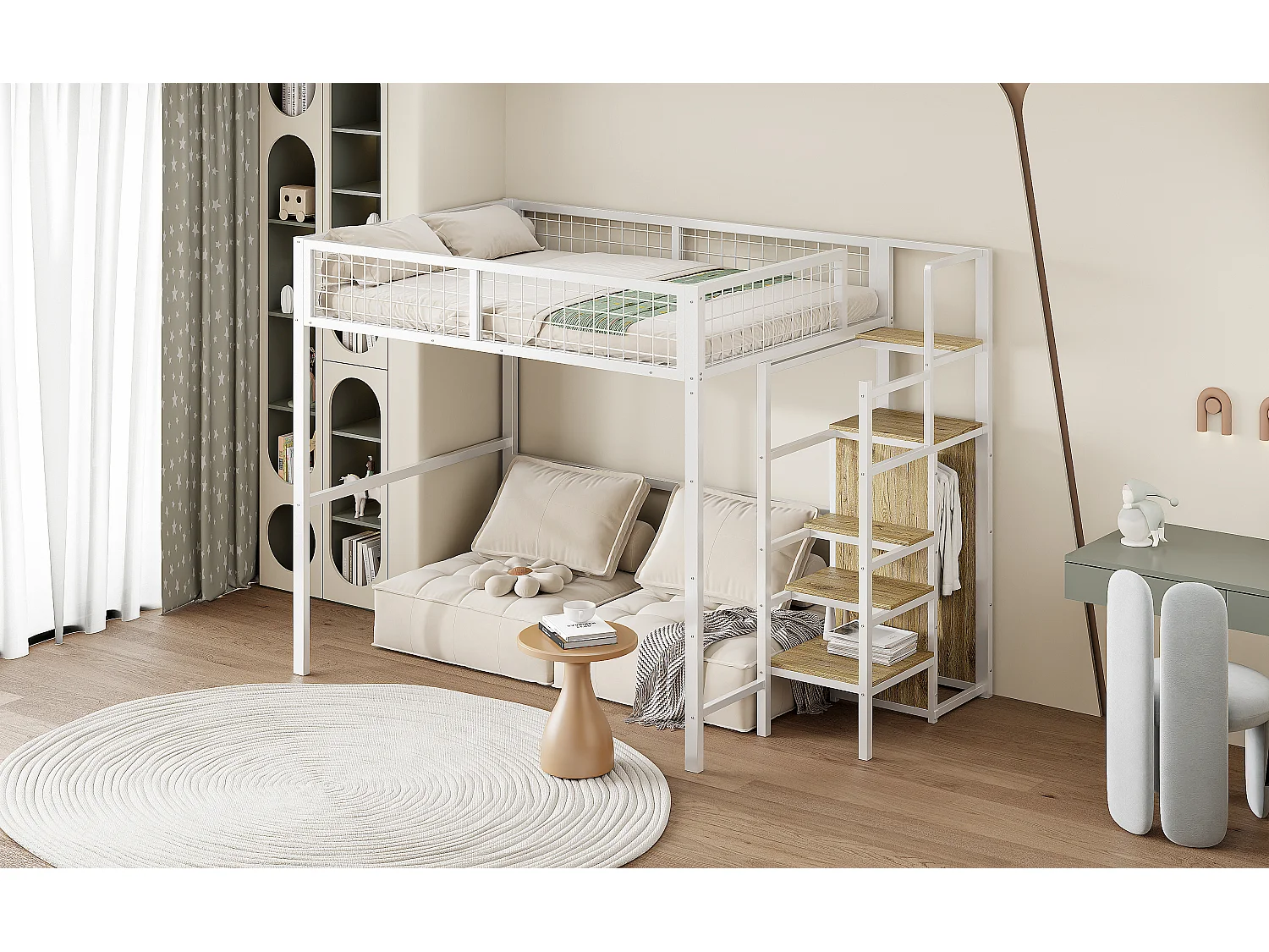 Cama alta 140 x 200 cm con estante y armario - Cama infantil de metal y madera - Blanco y madera clara