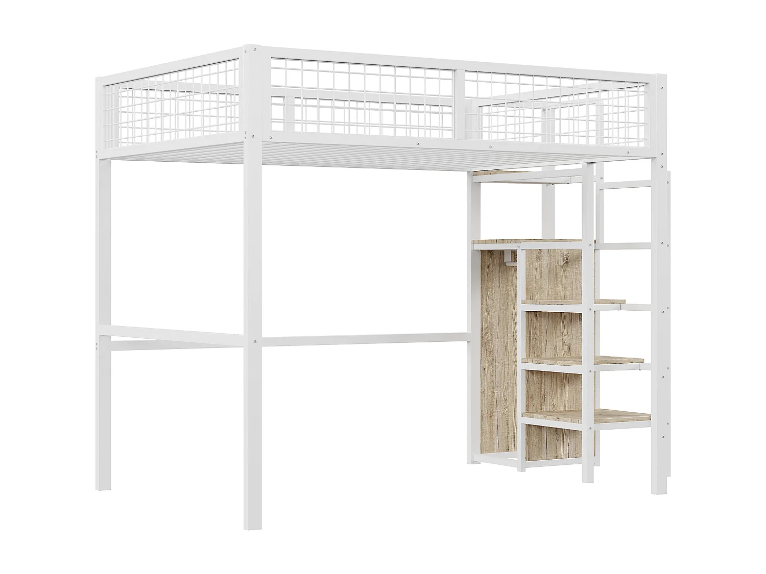 Cama alta 140 x 200 cm con estante y armario - Cama infantil de metal y madera - Blanco y madera clara