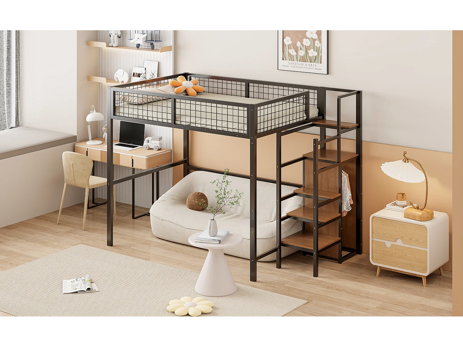 Cama alta de 140 x 200 cm con estante y armario - Cama infantil de metal y madera - Madera negra y oscura