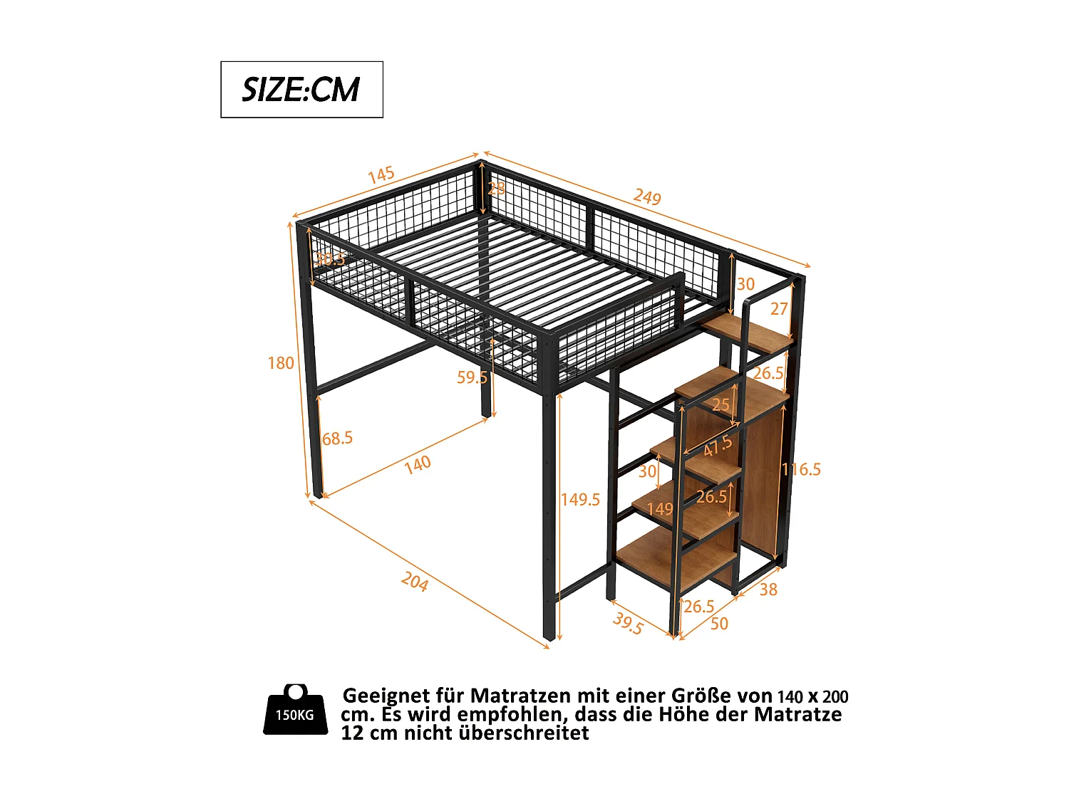 Cama alta de 140 x 200 cm con estante y armario - Cama infantil de metal y madera - Madera negra y oscura