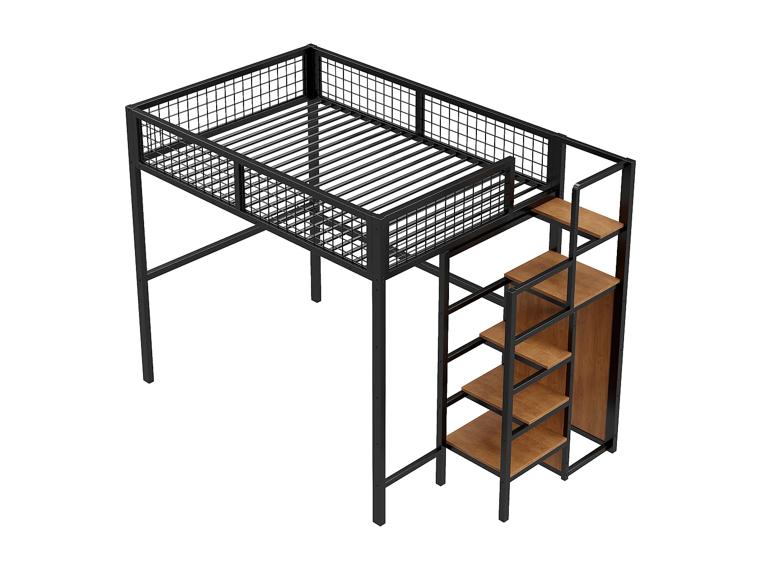 Cama alta de 140 x 200 cm con estante y armario - Cama infantil de metal y madera - Madera negra y oscura