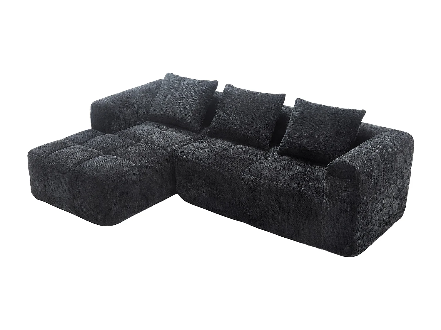 Canapé 3 place d'angle en L avec 3 coussins et poche latérale - Chenille noir