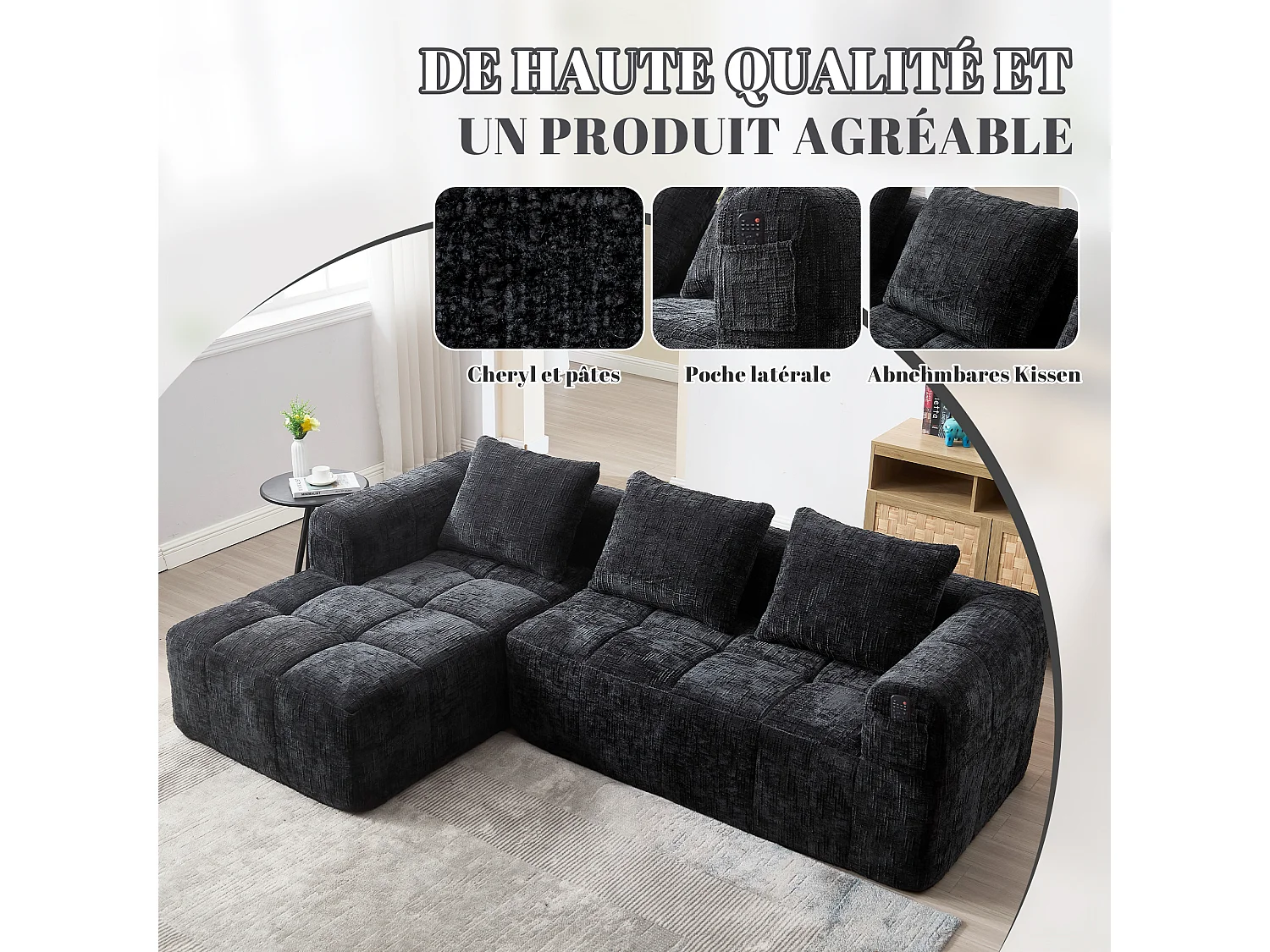 Canapé 3 place d'angle en L avec 3 coussins et poche latérale - Chenille noir