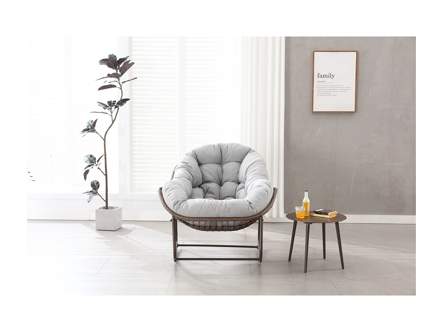 Eivormige rieten schommelstoel met dik kussen - Lichtgrijs