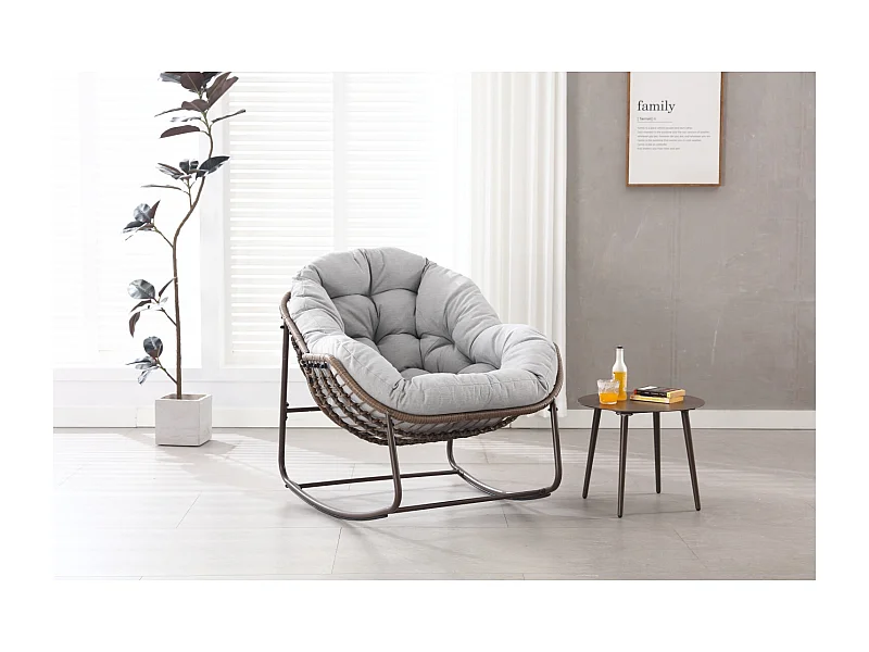 Fauteuil à bascule en osier en forme d'œuf avec coussin épais - Gris clair
