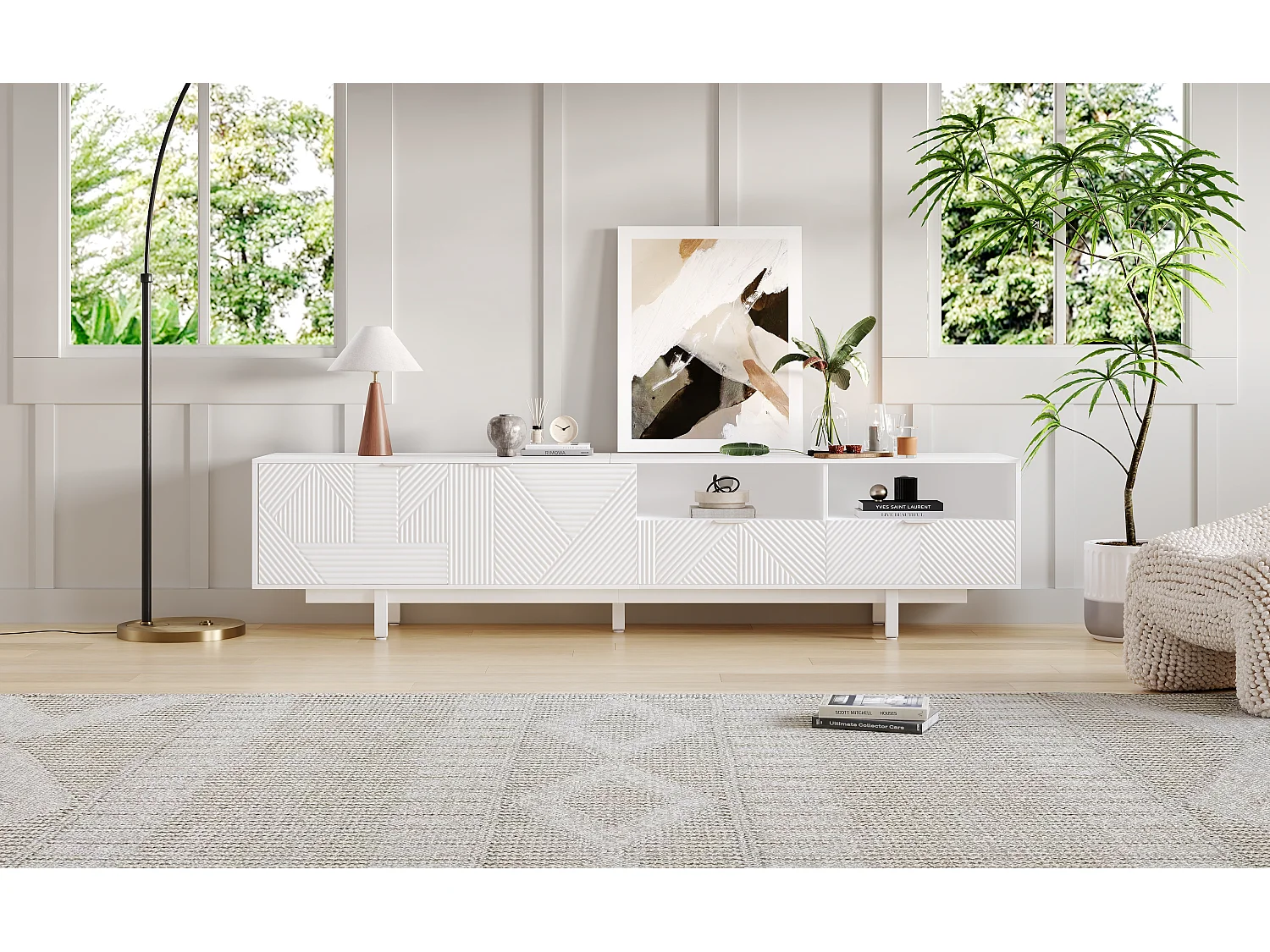 Meuble TV aux lignes géométriques blanche - 2 portes et 2 tiroirs