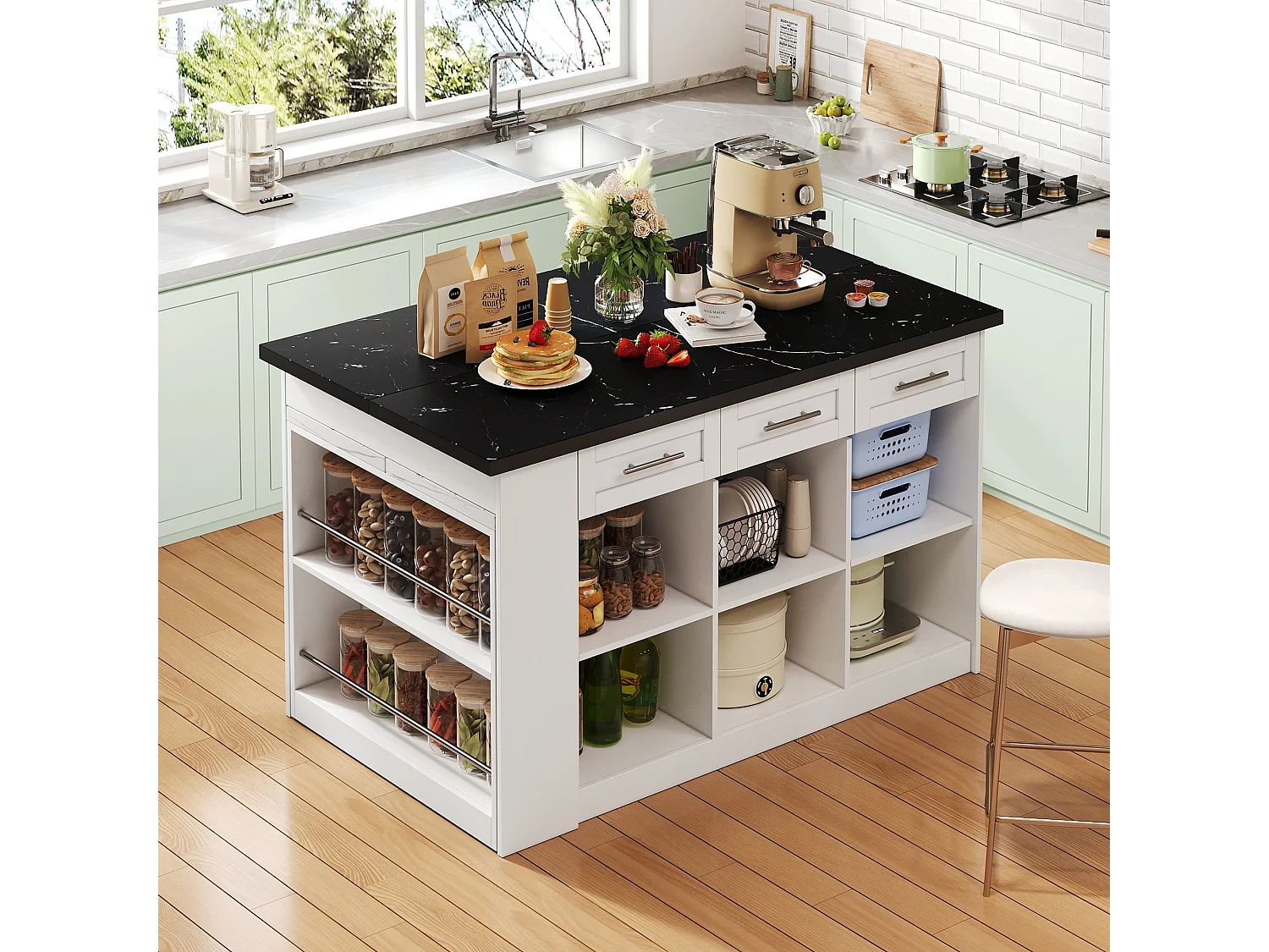 Isla de cocina con mesa extensible - 6 cajones, 3 puertas y encimera efecto mármol negro - Blanco