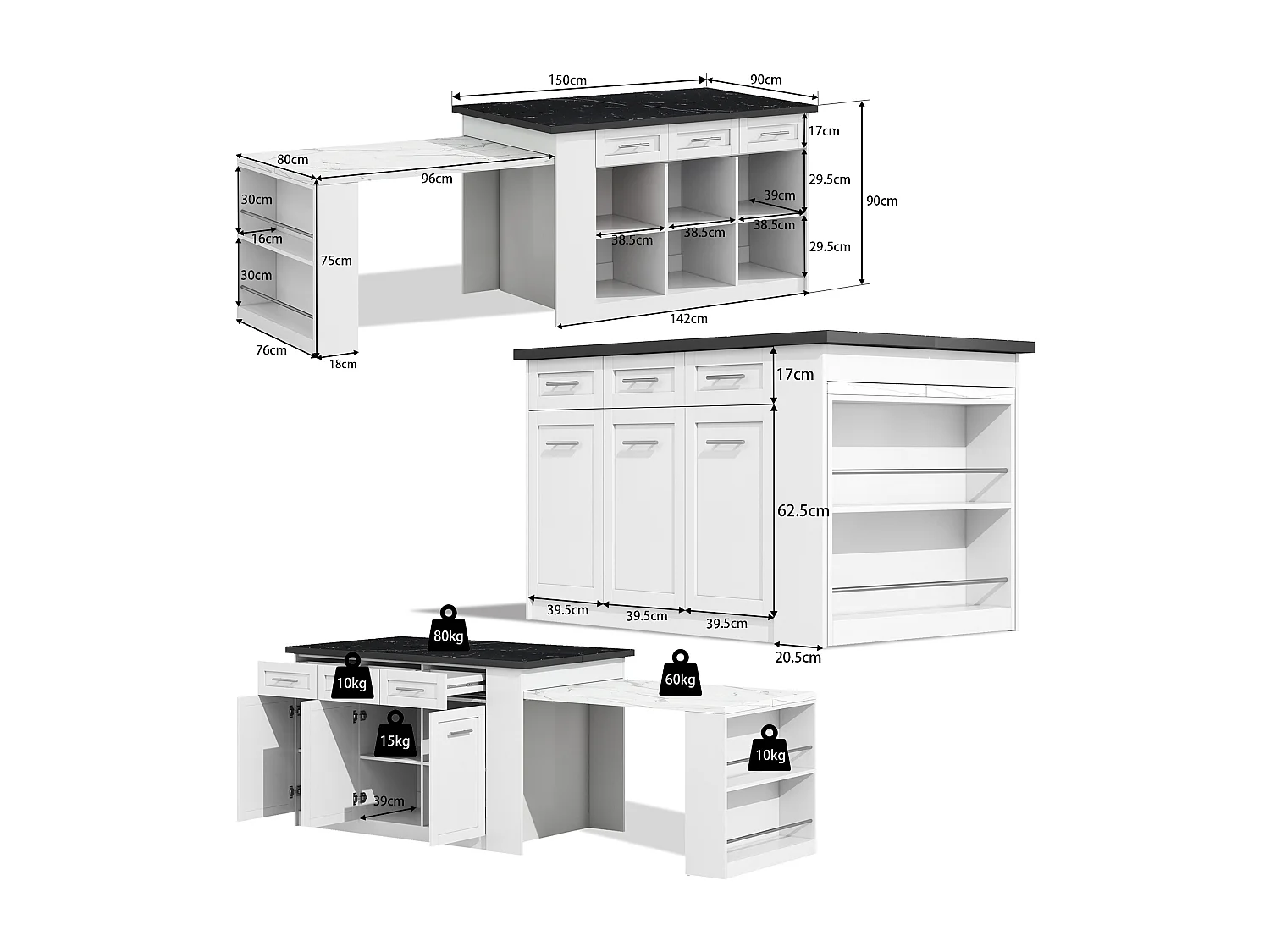 Isla de cocina con mesa extensible - 6 cajones, 3 puertas y encimera efecto mármol negro - Blanco