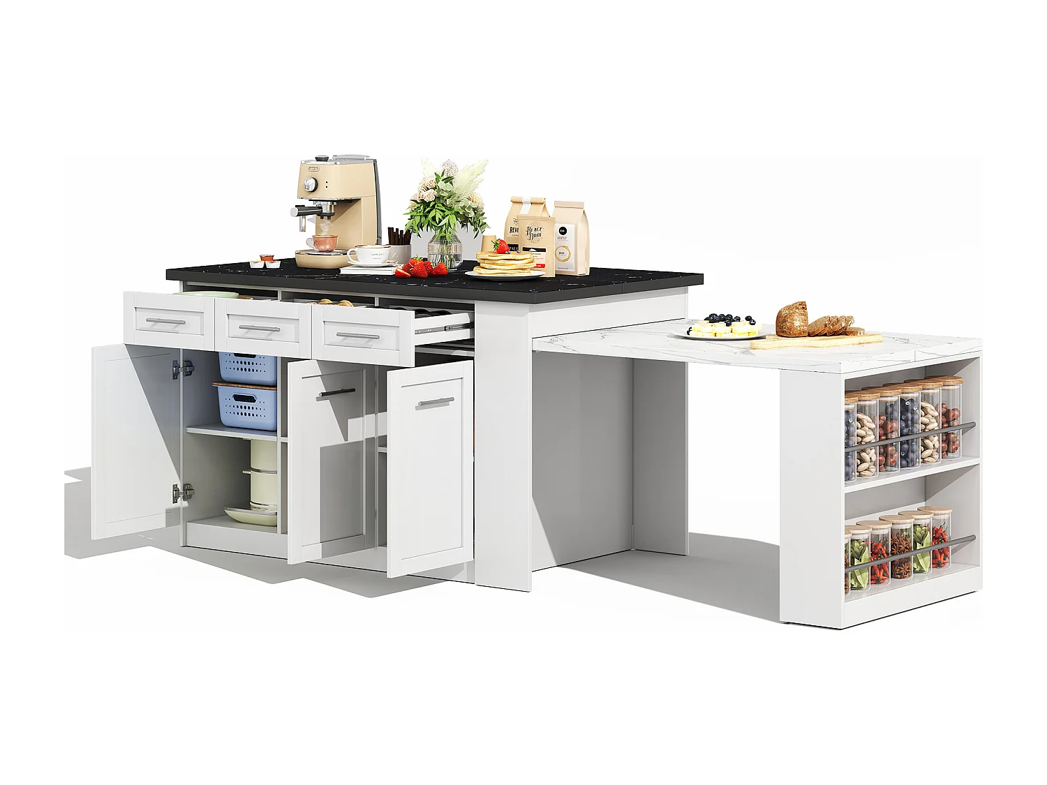Isla de cocina con mesa extensible - 6 cajones, 3 puertas y encimera efecto mármol negro - Blanco