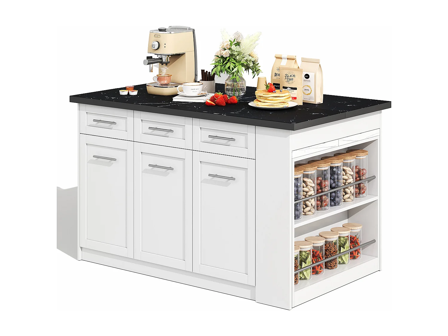 Isla de cocina con mesa extensible - 6 cajones, 3 puertas y encimera efecto mármol negro - Blanco