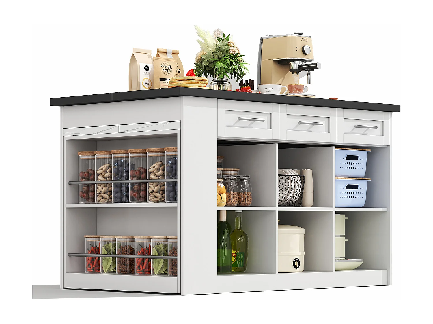 Isla de cocina con mesa extensible - 6 cajones, 3 puertas y encimera efecto mármol negro - Blanco