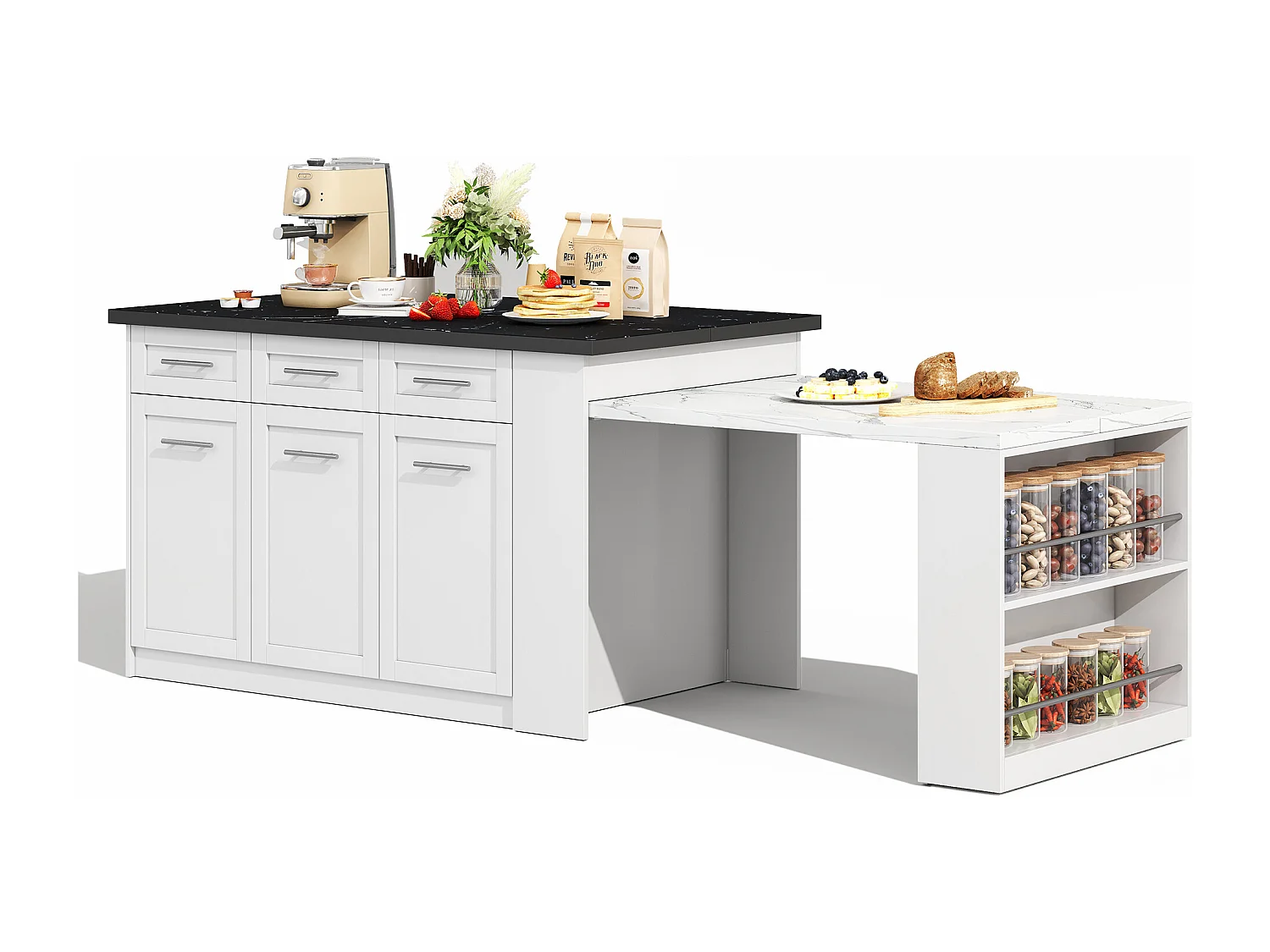 Isla de cocina con mesa extensible - 6 cajones, 3 puertas y encimera efecto mármol negro - Blanco