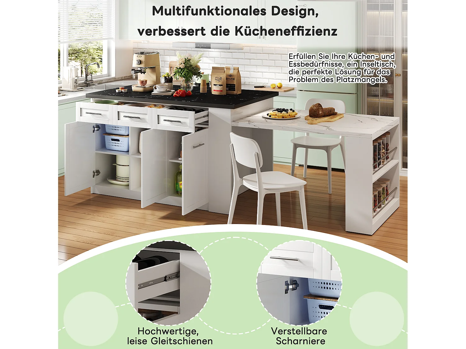 Isla de cocina con mesa extensible - 6 cajones, 3 puertas y encimera efecto mármol negro - Blanco