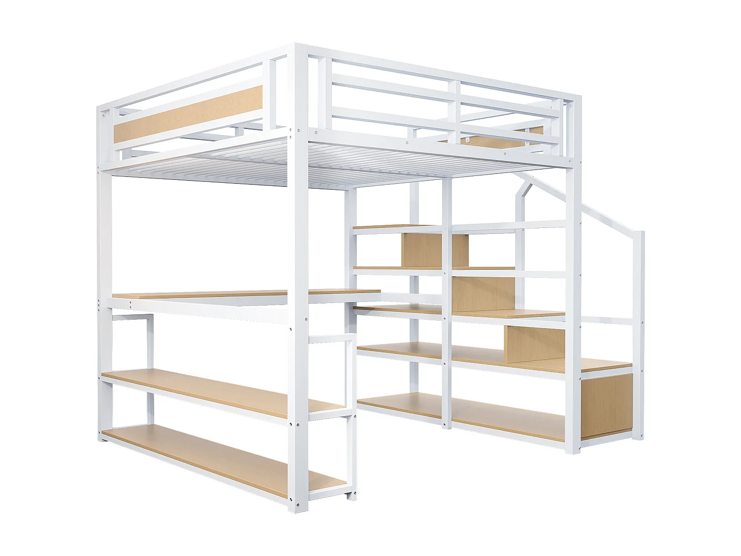 Cama alta de 140x200cm con estantes y escritorio - Cama infantil en metal y madera - Blanco y natural claro