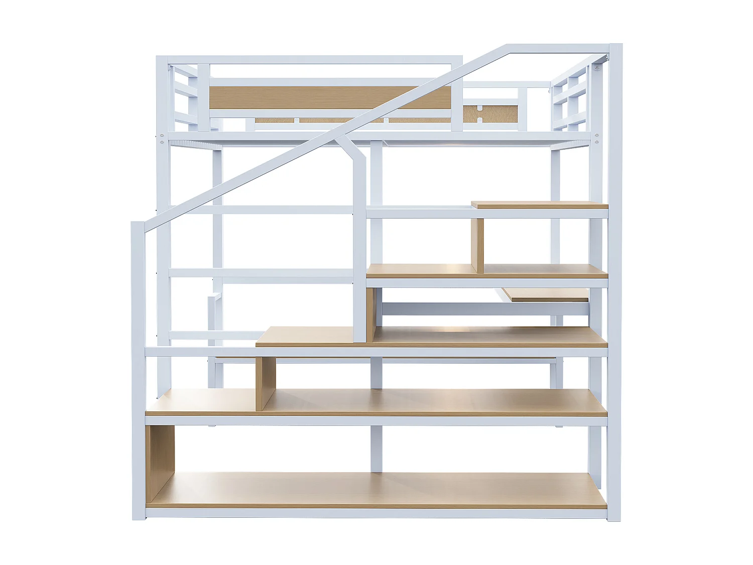 Cama alta de 140x200cm con estantes y escritorio - Cama infantil en metal y madera - Blanco y natural claro