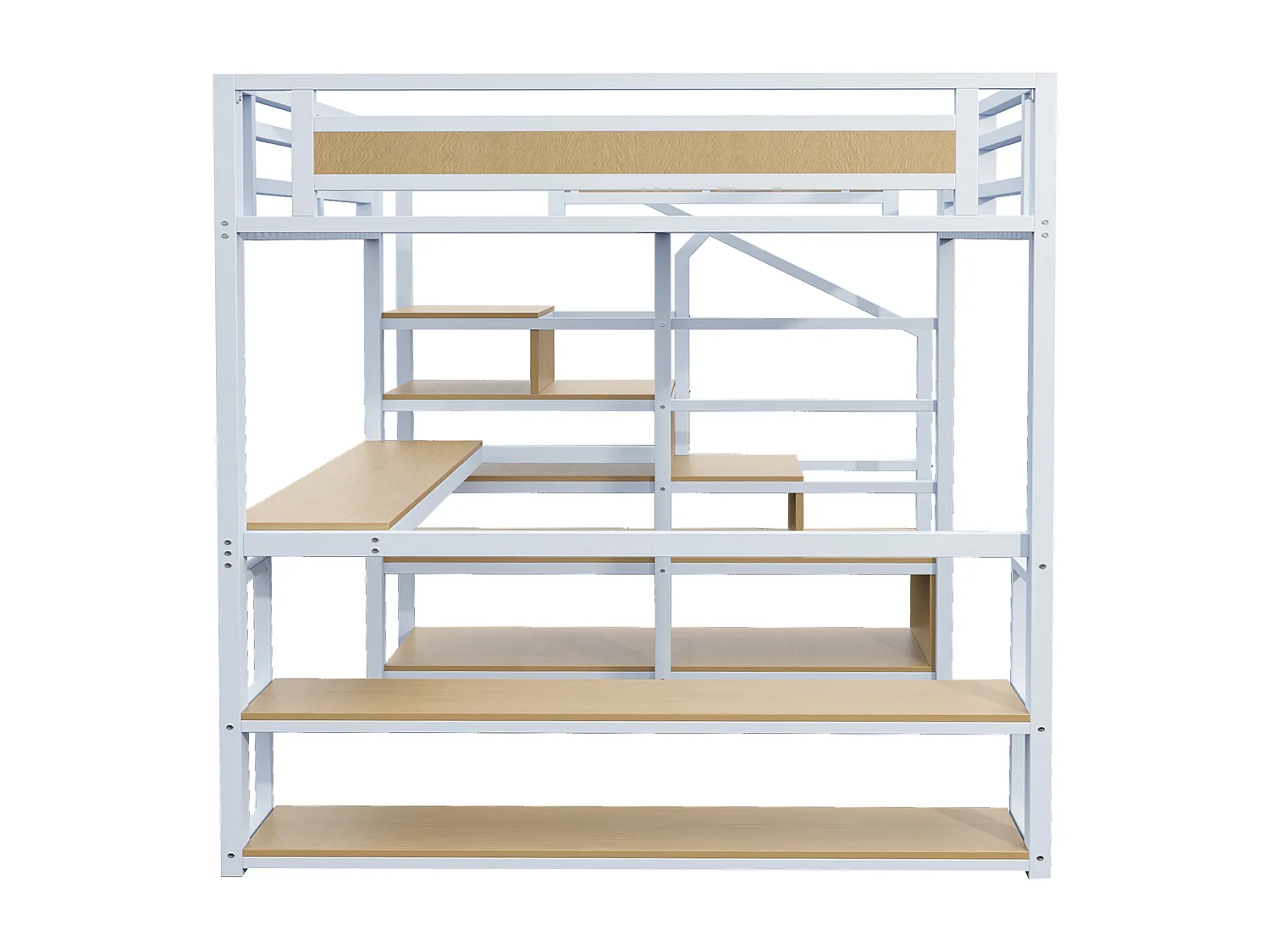 Cama alta de 140x200cm con estantes y escritorio - Cama infantil en metal y madera - Blanco y natural claro