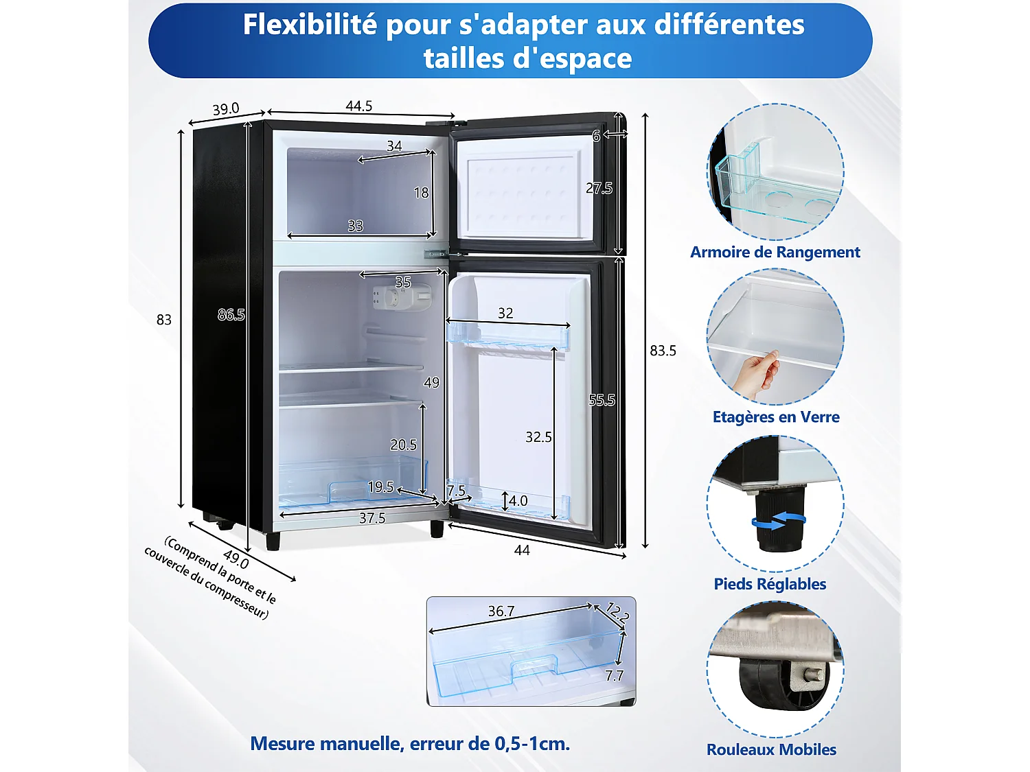 Mini-réfrigérateur 72 L avec porte en verre noir - Thermostat réglable sur 7 niveaux et LED