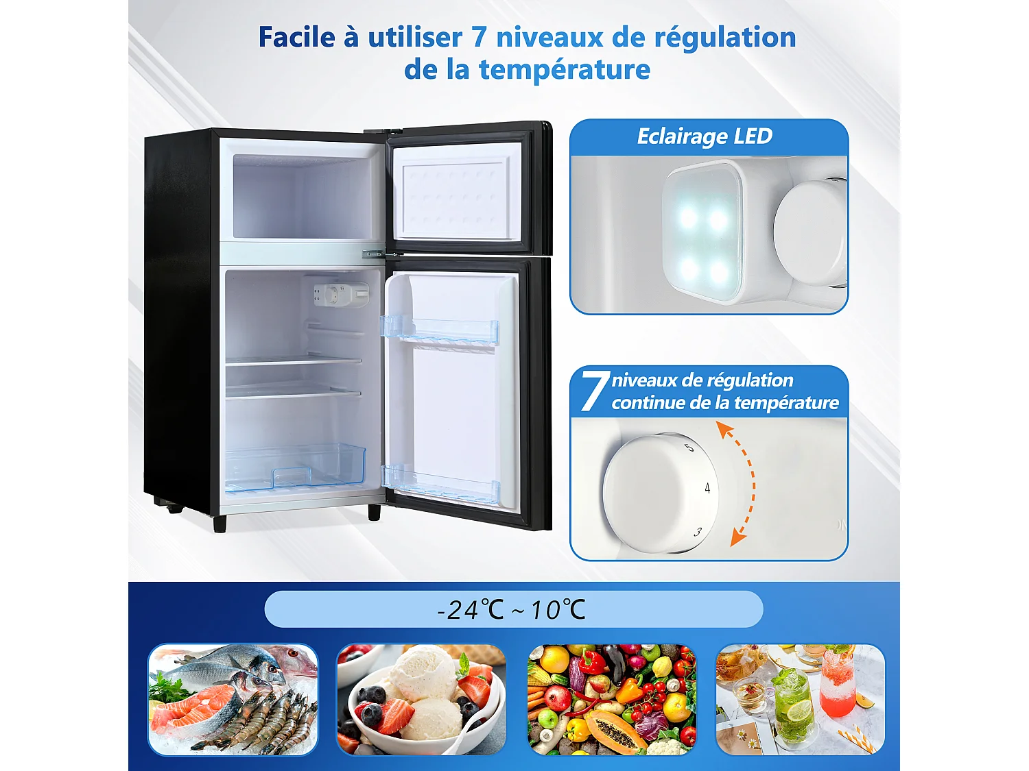 Mini-réfrigérateur 72 L avec porte en verre noir - Thermostat réglable sur 7 niveaux et LED