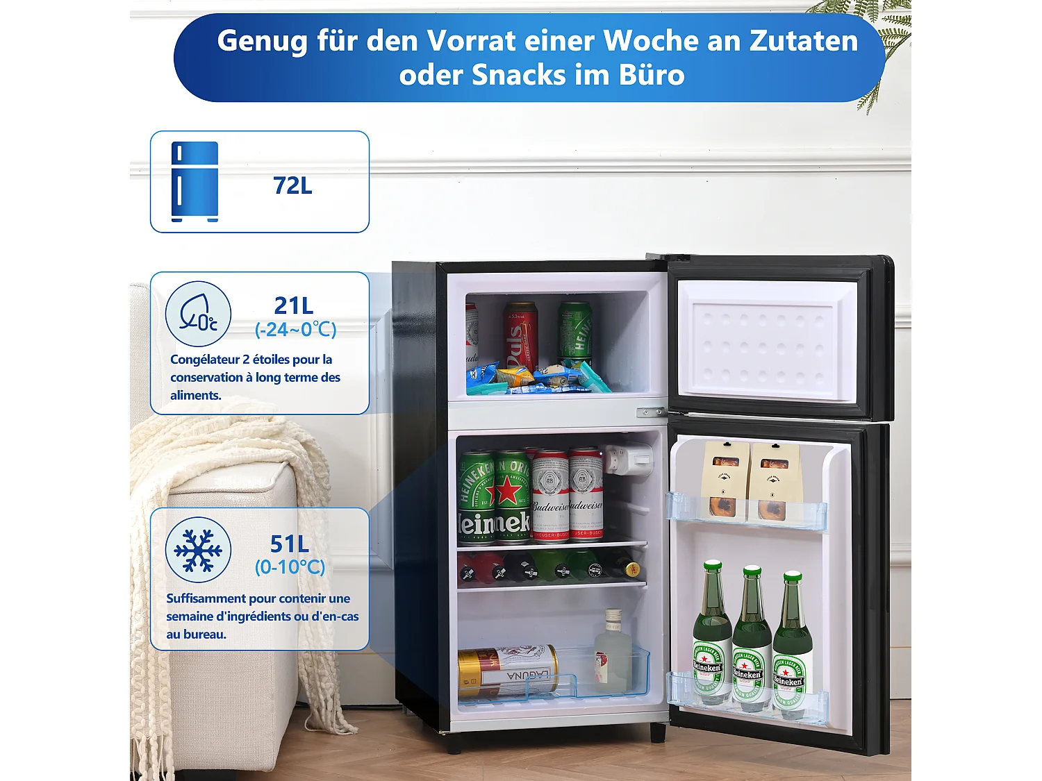 Mini-réfrigérateur 72 L avec porte en verre noir - Thermostat réglable sur 7 niveaux et LED