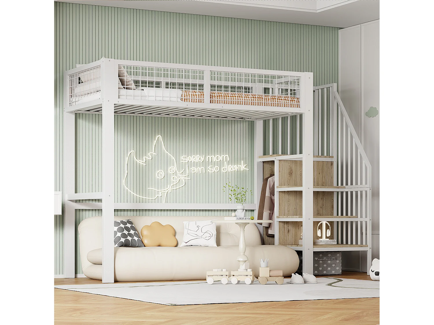 Cama alta infantil 90 x 200 cm con estante y armario - Cama de metal y madera - Negro y madera clara