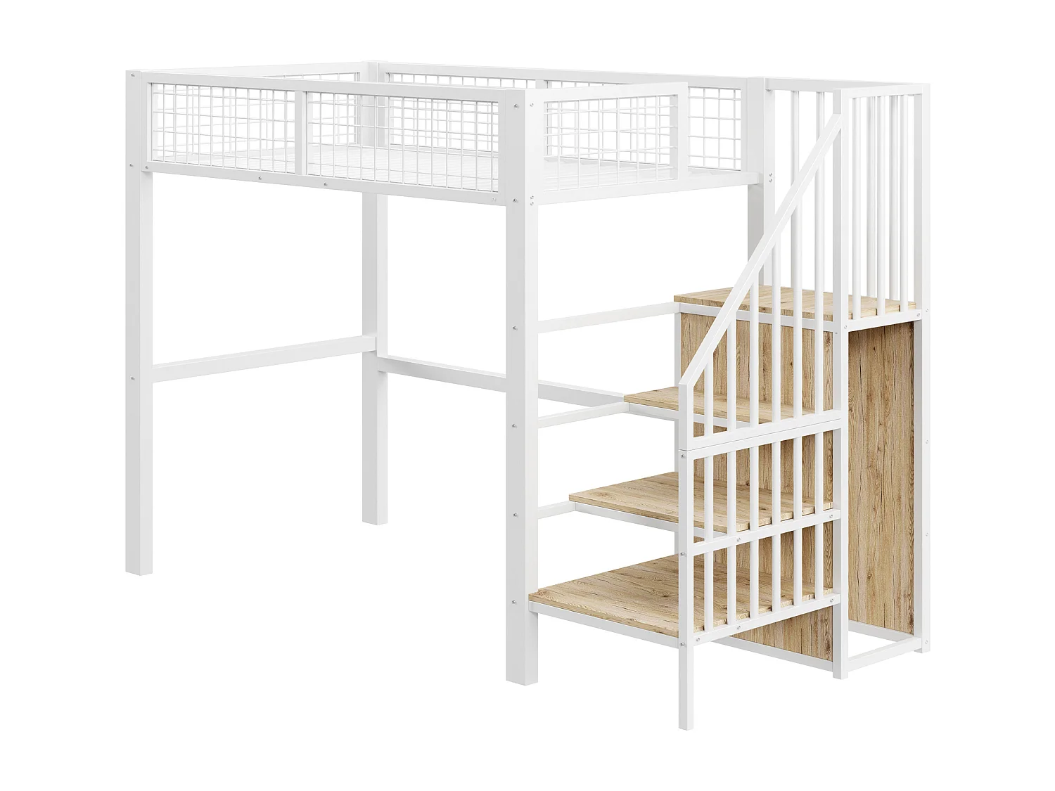 Cama alta infantil 90 x 200 cm con estante y armario - Cama de metal y madera - Negro y madera clara