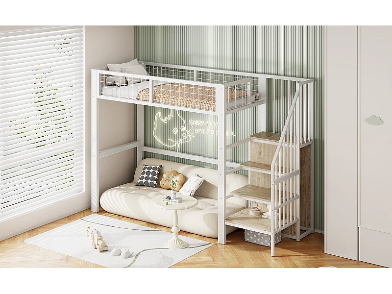 Kinderhoogslaper 90 x 200 cm met plank en kledingkast - Metalen en houten bed - Zwart en licht hout