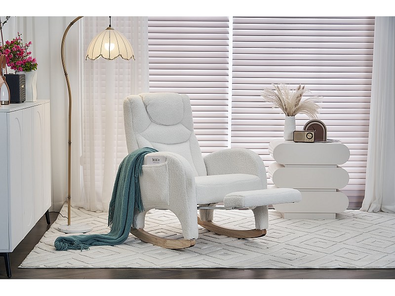 Fauteuil à bascule en tissu Teddy blanc - Rocking chair avec repose-pieds