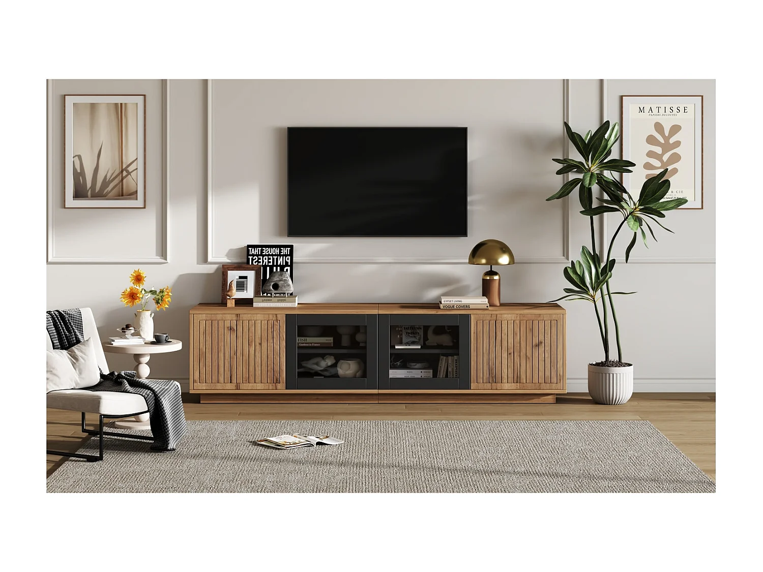 Meuble TV avec 4 portes et LED - Bois et verre - Naturel clair et noir
