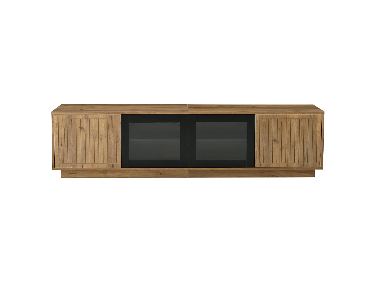 Meuble TV avec 4 portes et LED - Bois et verre - Naturel clair et noir