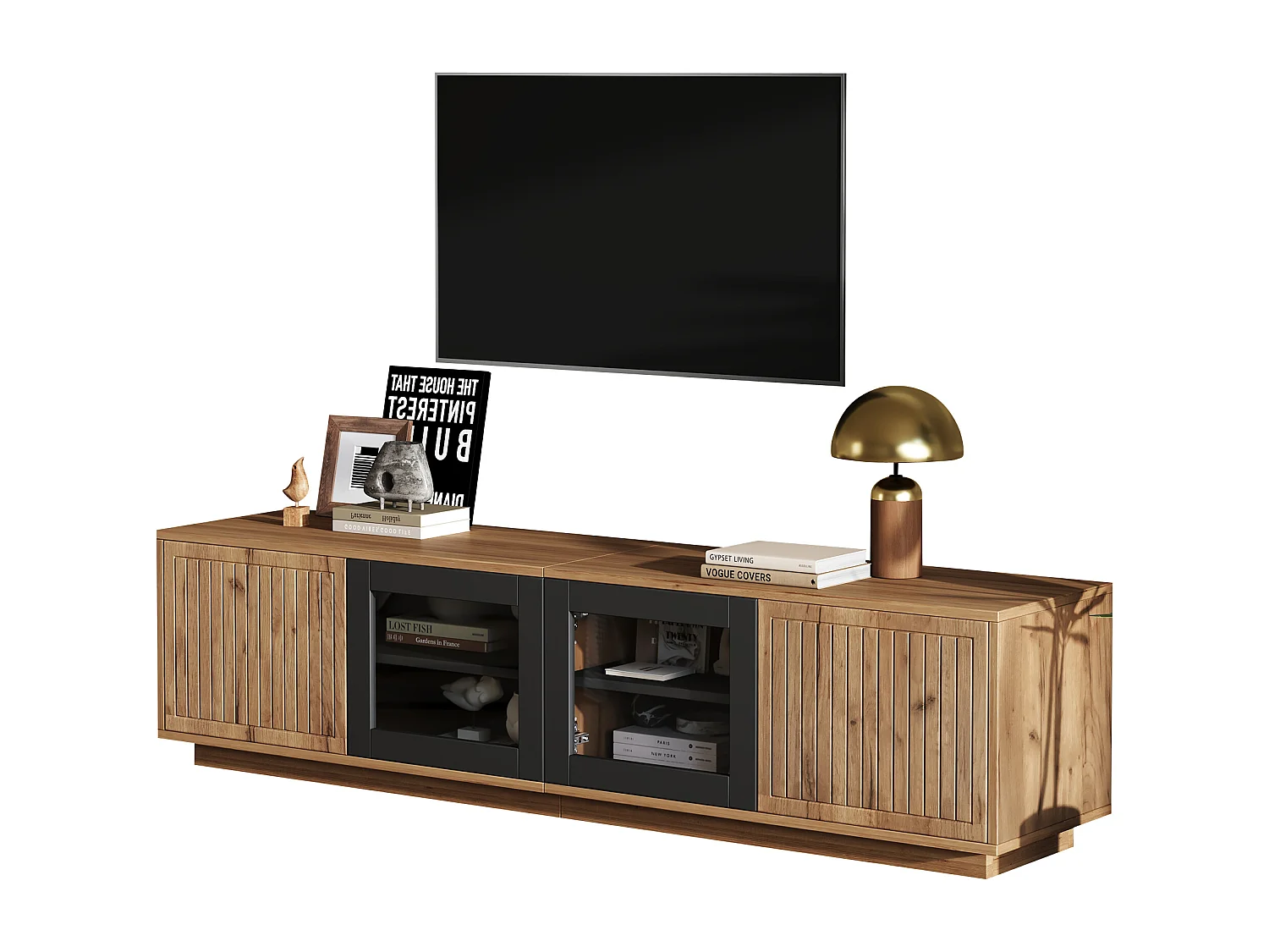 Meuble TV avec 4 portes et LED - Bois et verre - Naturel clair et noir