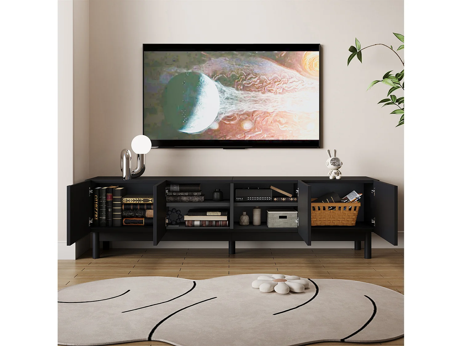 Meuble TV avec 4 portes incurvées en forme de vague - Noir