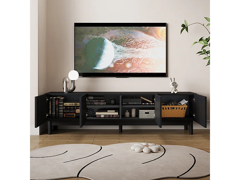 Meuble TV avec 4 portes incurvées en forme de vague - Noir