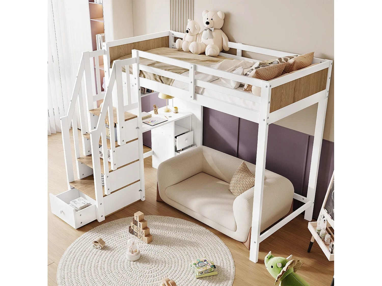 Cama alta 90x200cm con 4 cajones y escritorio - Cama infantil en pino y MDF - Blanco y madera