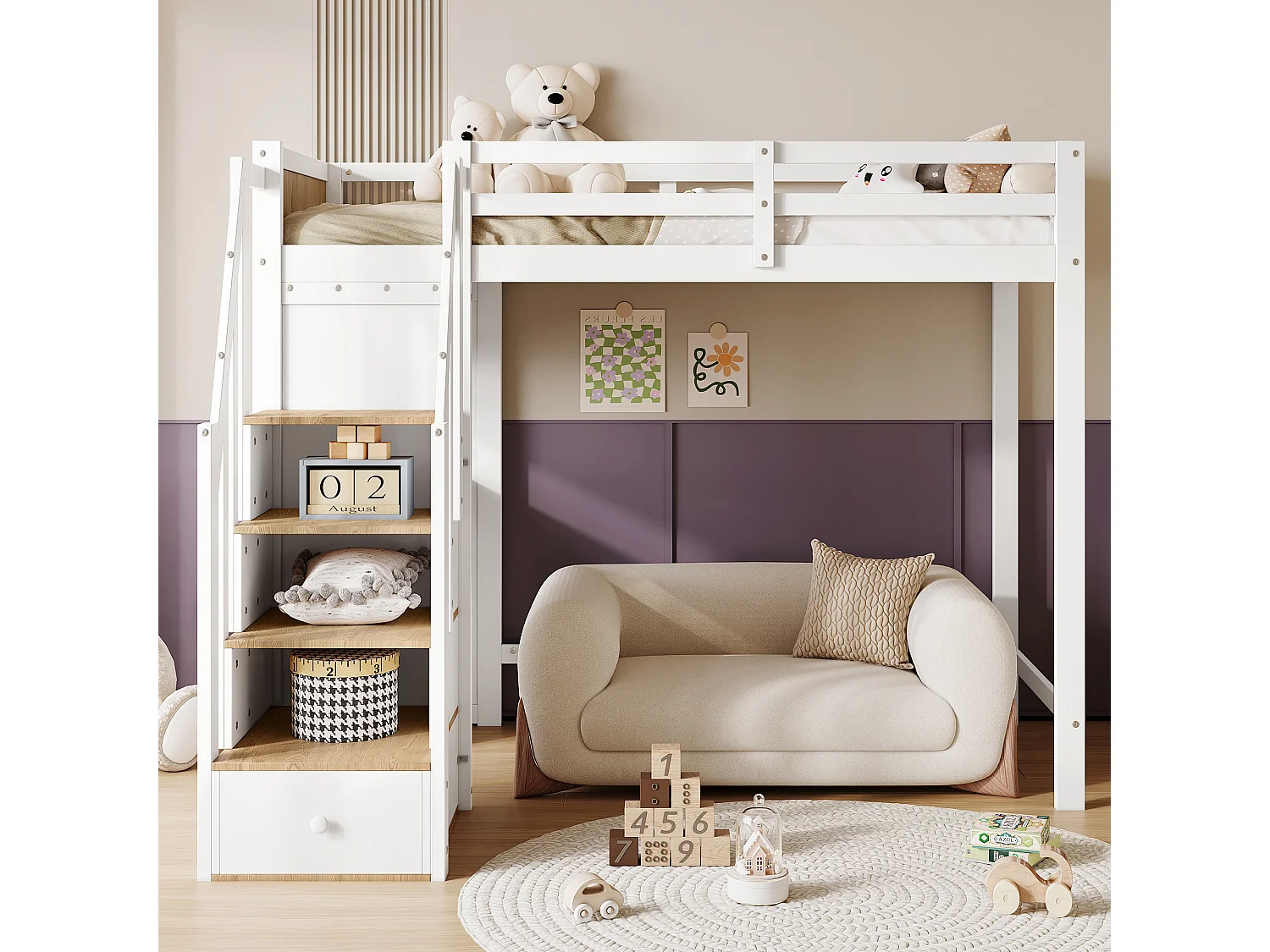 Cama alta 90x200cm con 4 cajones y escritorio - Cama infantil en pino y MDF - Blanco y madera